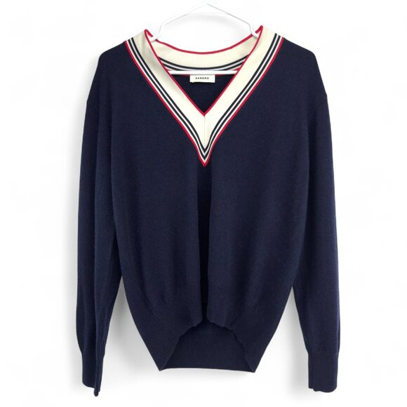 SANDRO “Steven” Preppy Wool Cashmere Sailor Navy White Red V-Neck Sweater S - Picture 3 of 15